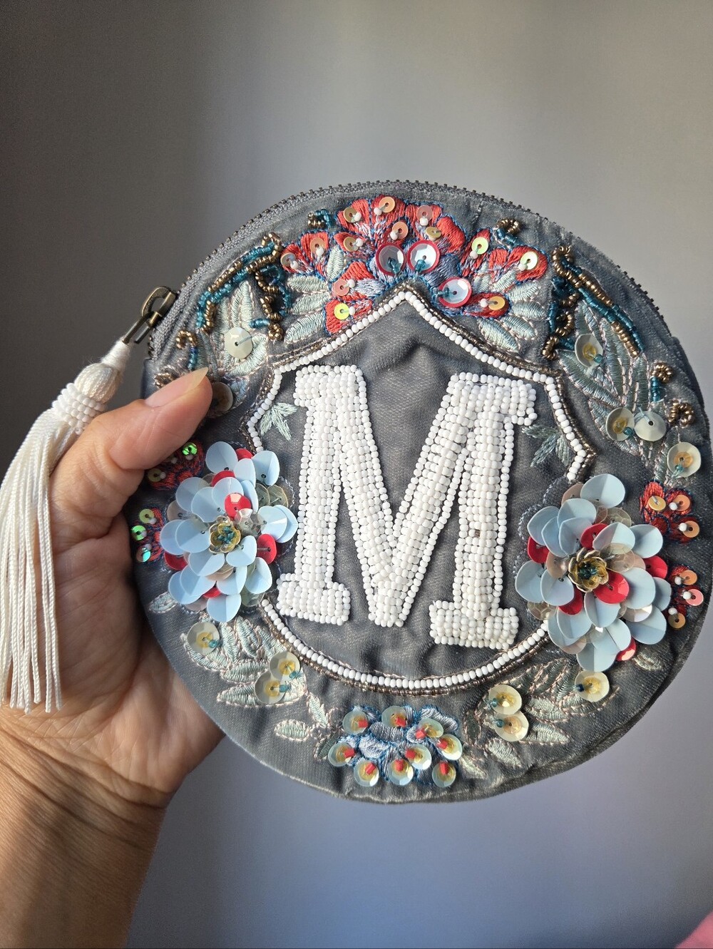 Anthropologie Anna Harlow Russo “M” Monogram Beaded Embroidered Clutch Bag